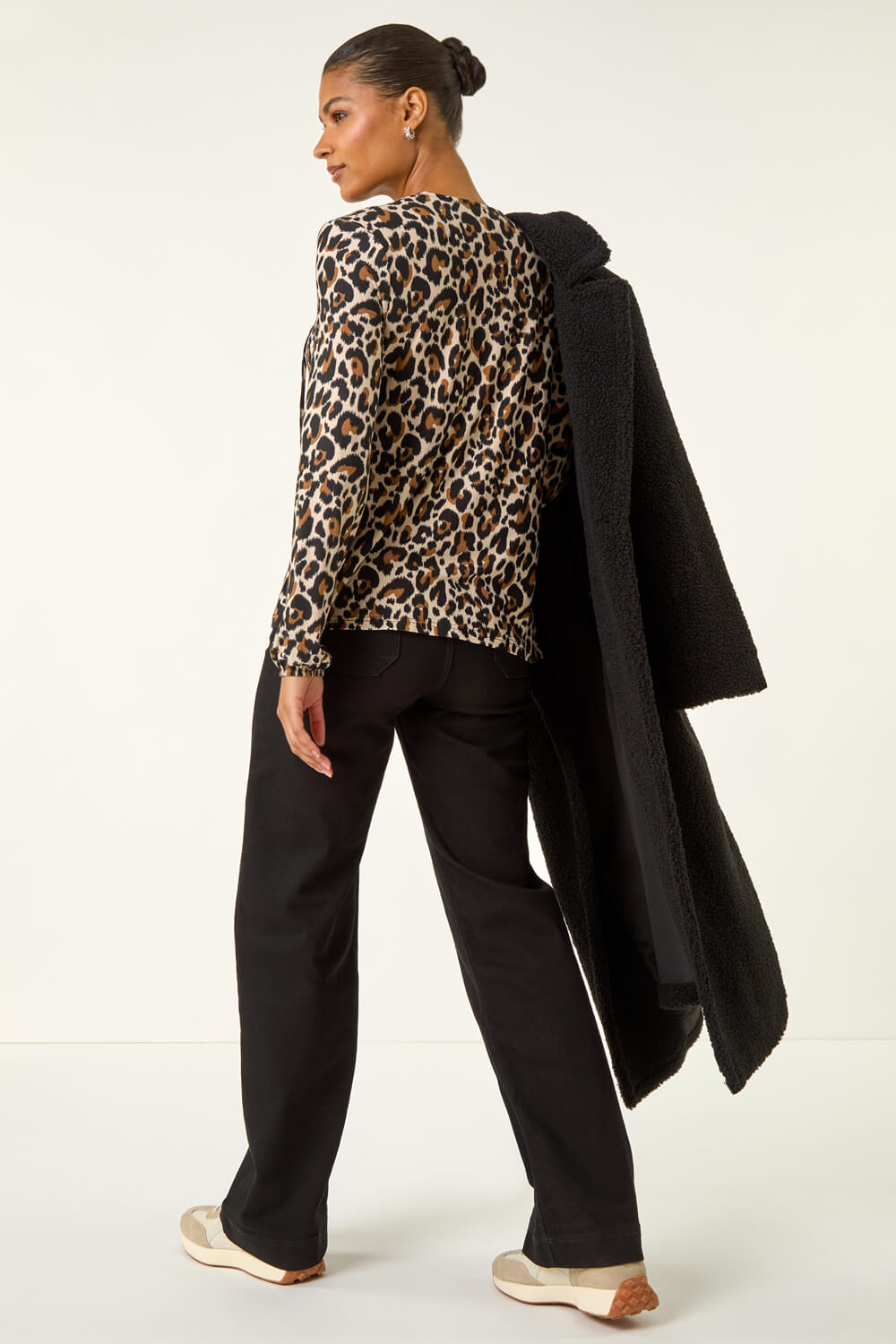 Tan Animal Print Shirred Tie Neck Top, Image 5 of 5