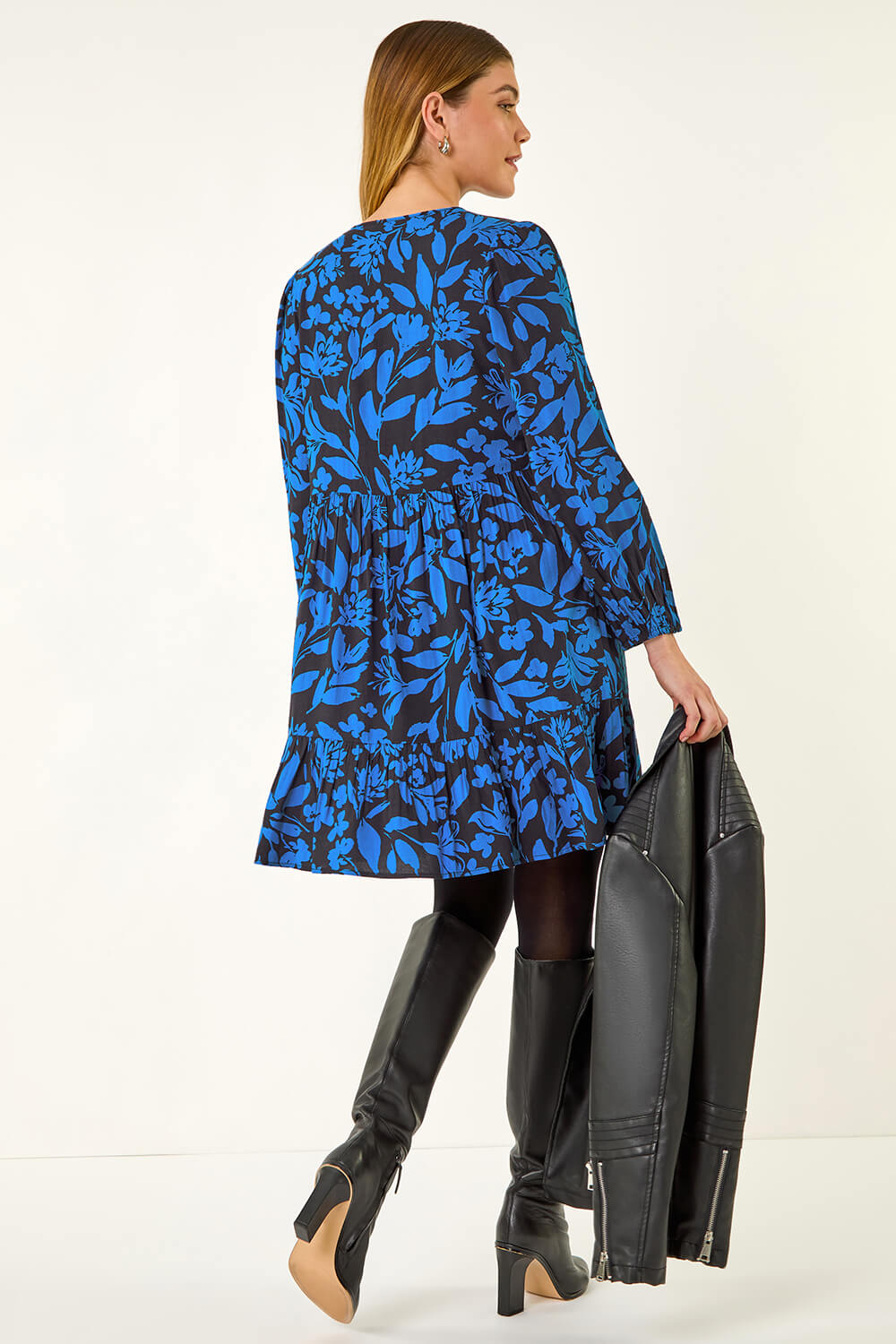 Blue Floral Print Tie Front Smock Dress, Image 4 of 5