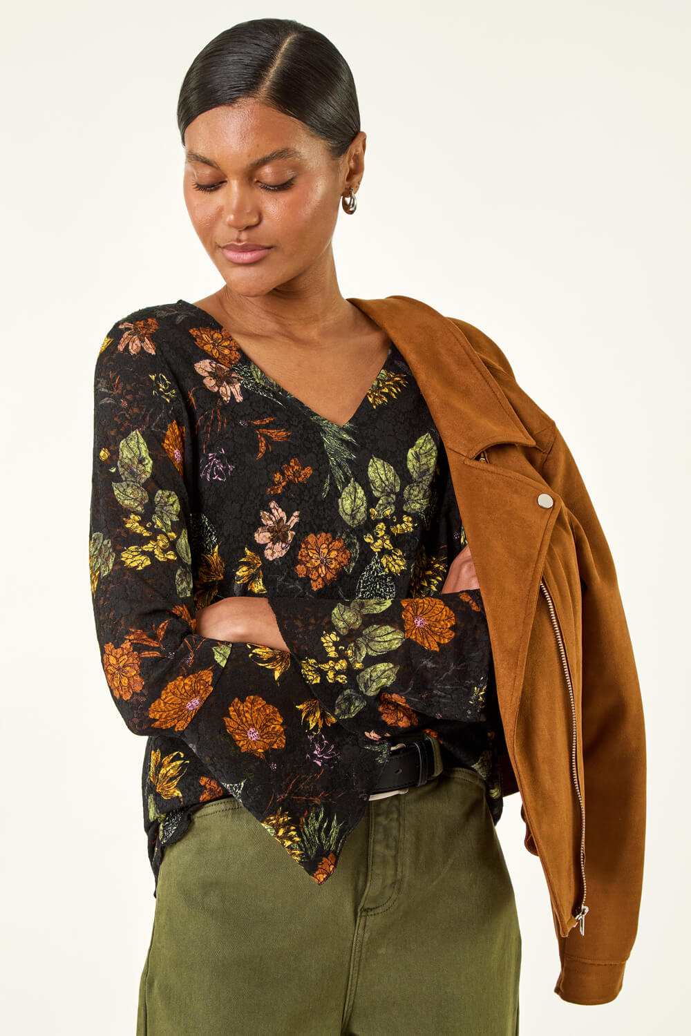 Black Floral Print V-Neck Stretch Lace Top, Image 1 of 5