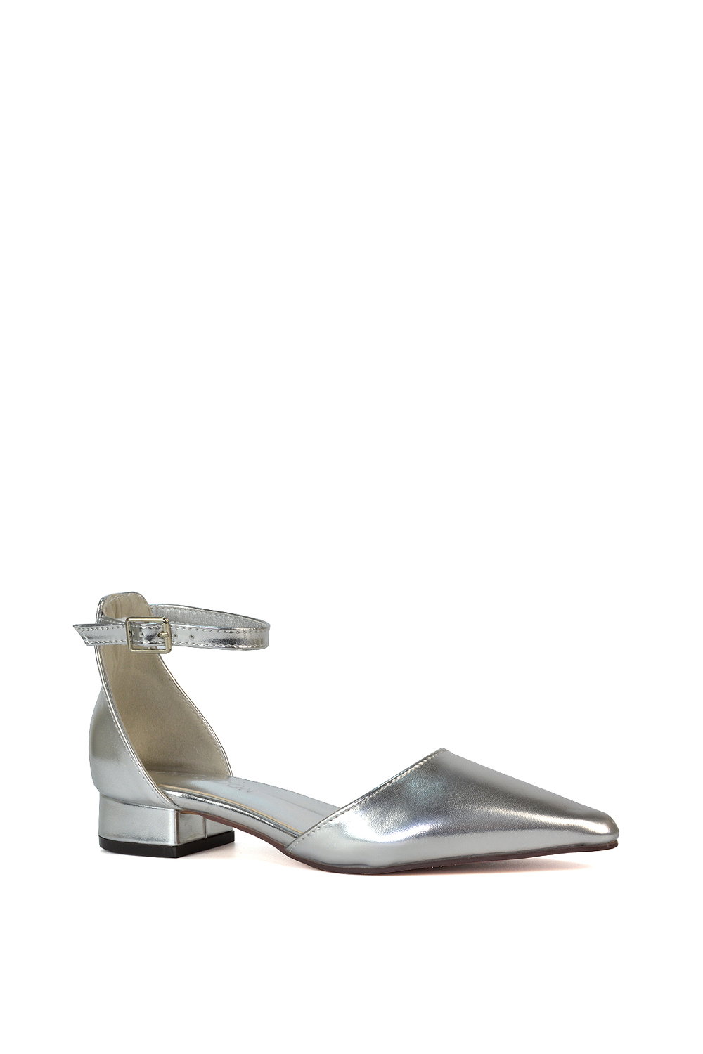Silver 'Jenny' Low Heel Flat Pointed Toe Ankle Strap Court Shoes, Image 2 of 5