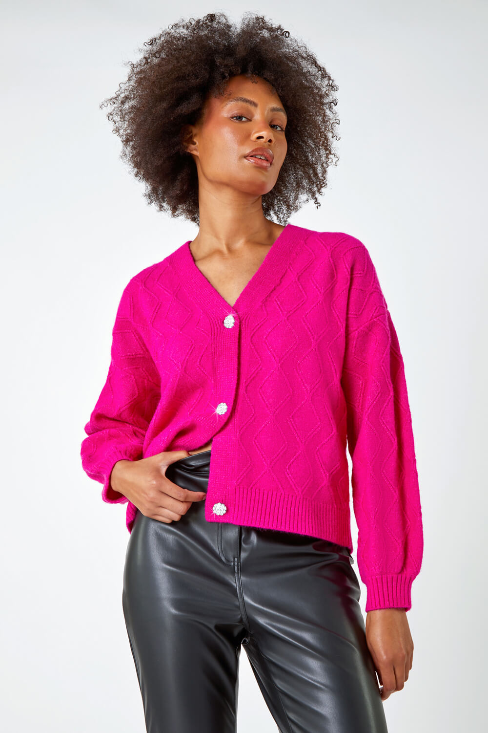 PINK Diamante Button Detail Cardigan, Image 4 of 5