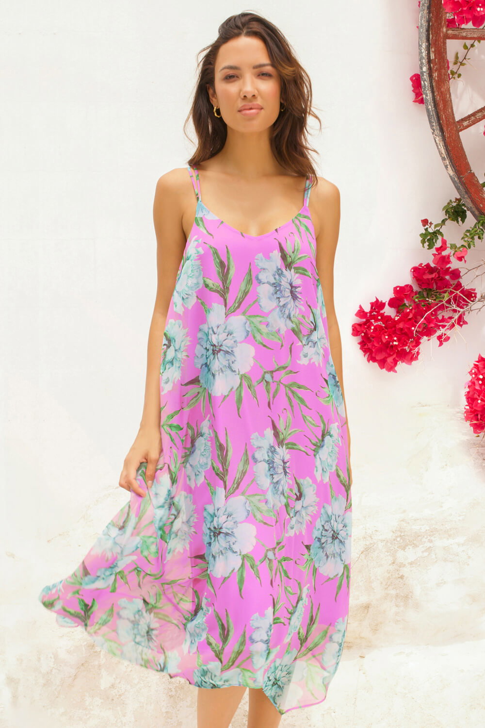 Pink Floral Chiffon Hanky Hem Midi Dress, Image 3 of 6