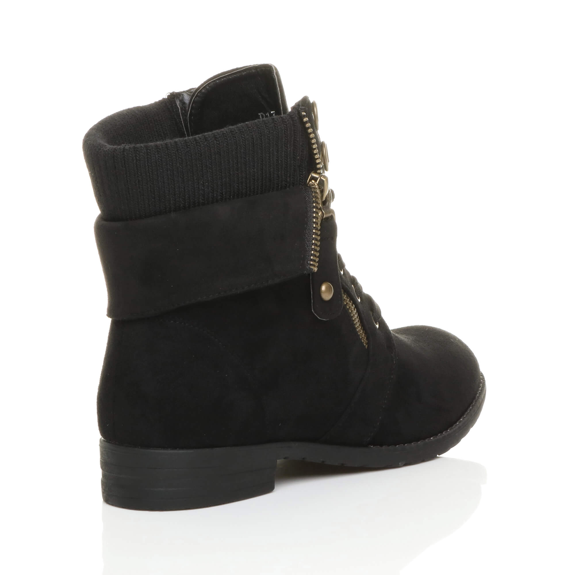 Black Lace Up Knitted Collar Biker Ankle Boots, Image 4 of 6