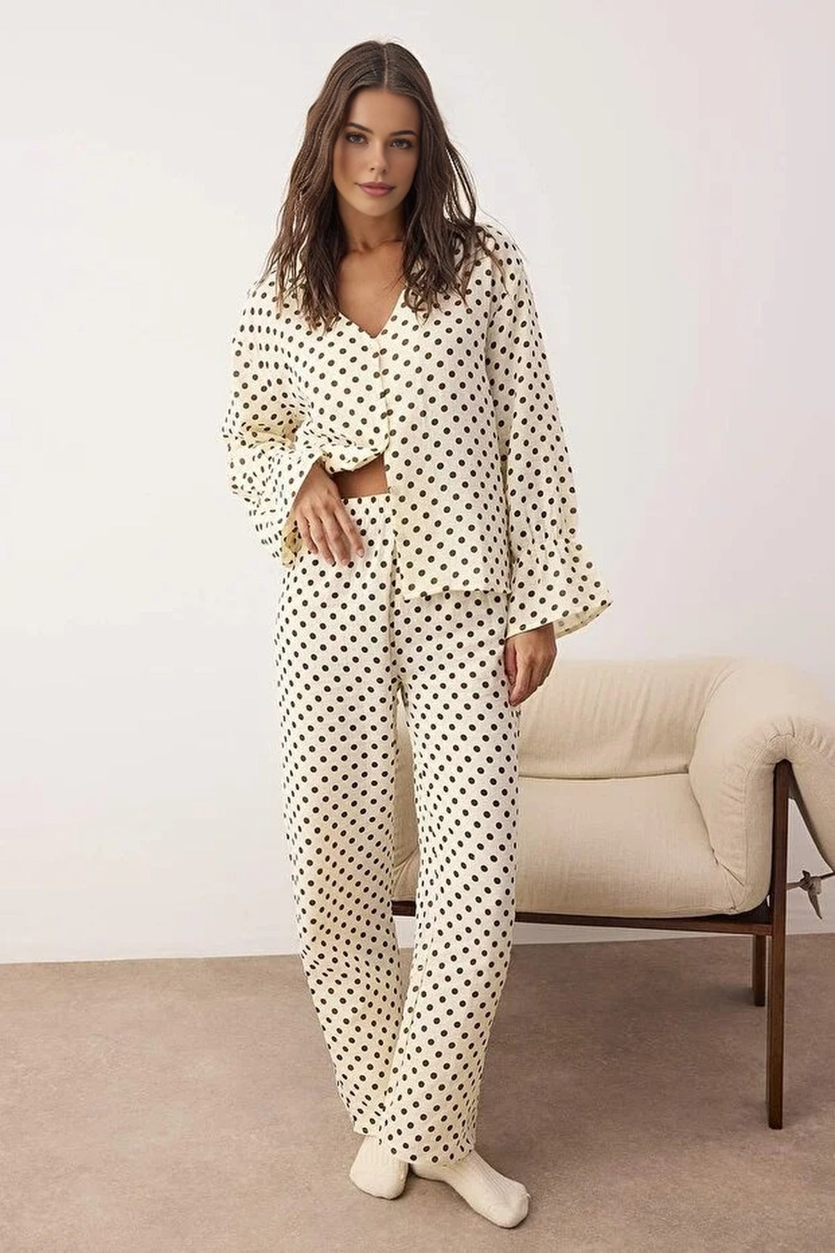 Ecru Polka Dot Cotton Muslin Wide Leg Long Sleeve Pyjama Set, Image 1 of 3