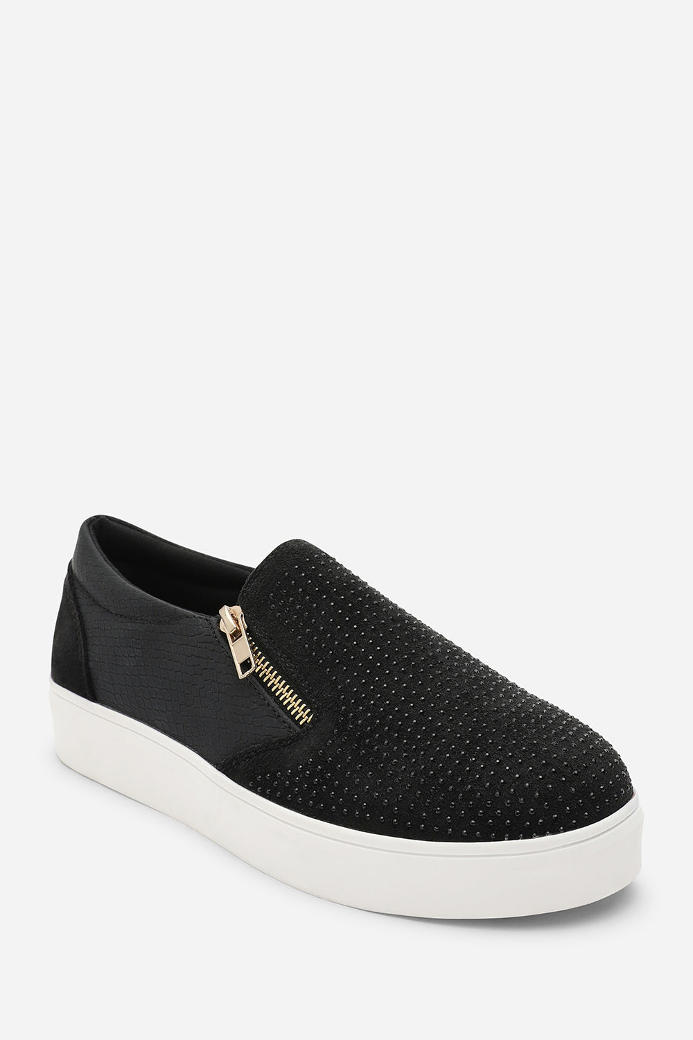 Black 'Galia' Zip Detail Trainer with Diamante Toe, Image 2 of 6