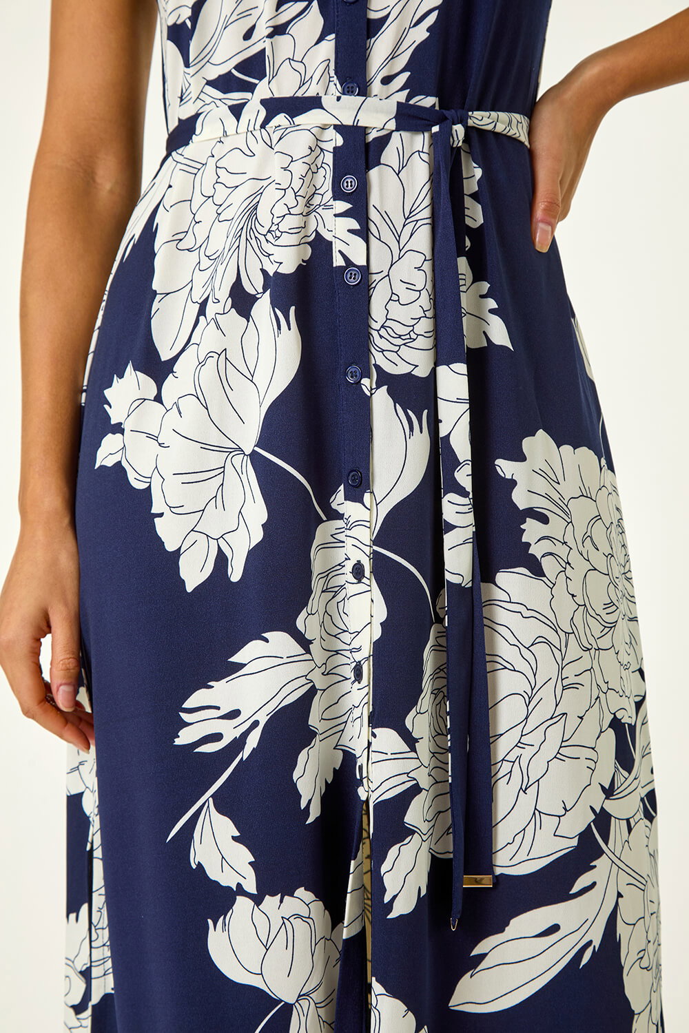 Navy Floral Print Stretch Shirt Dress, Image 6 of 5