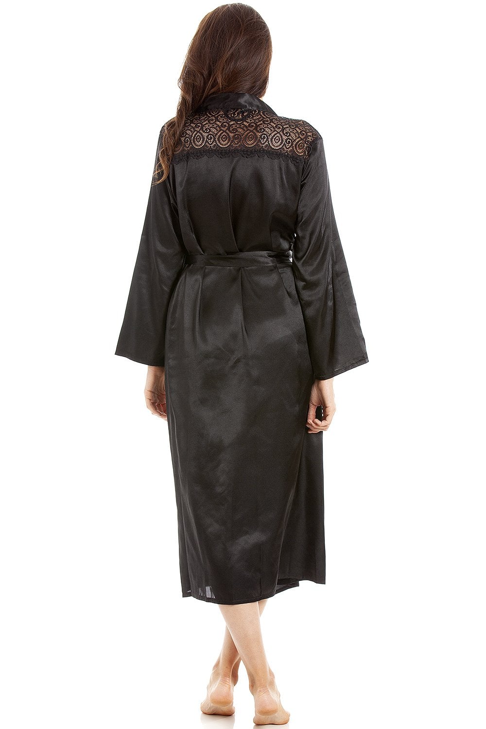 Black Camille Lingerie Black Full Length Long Sleeve Plain Satin Wrap, Image 3 of 5