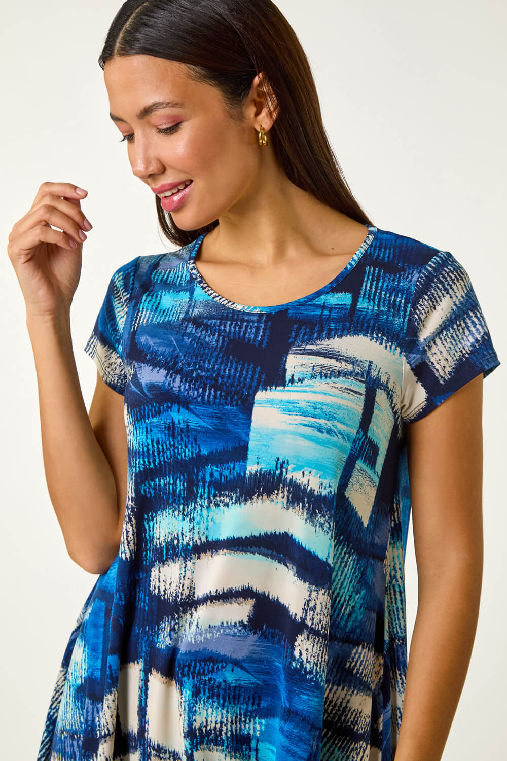 Blue Abstract Print Stretch Tunic Top, Image 1 of 5