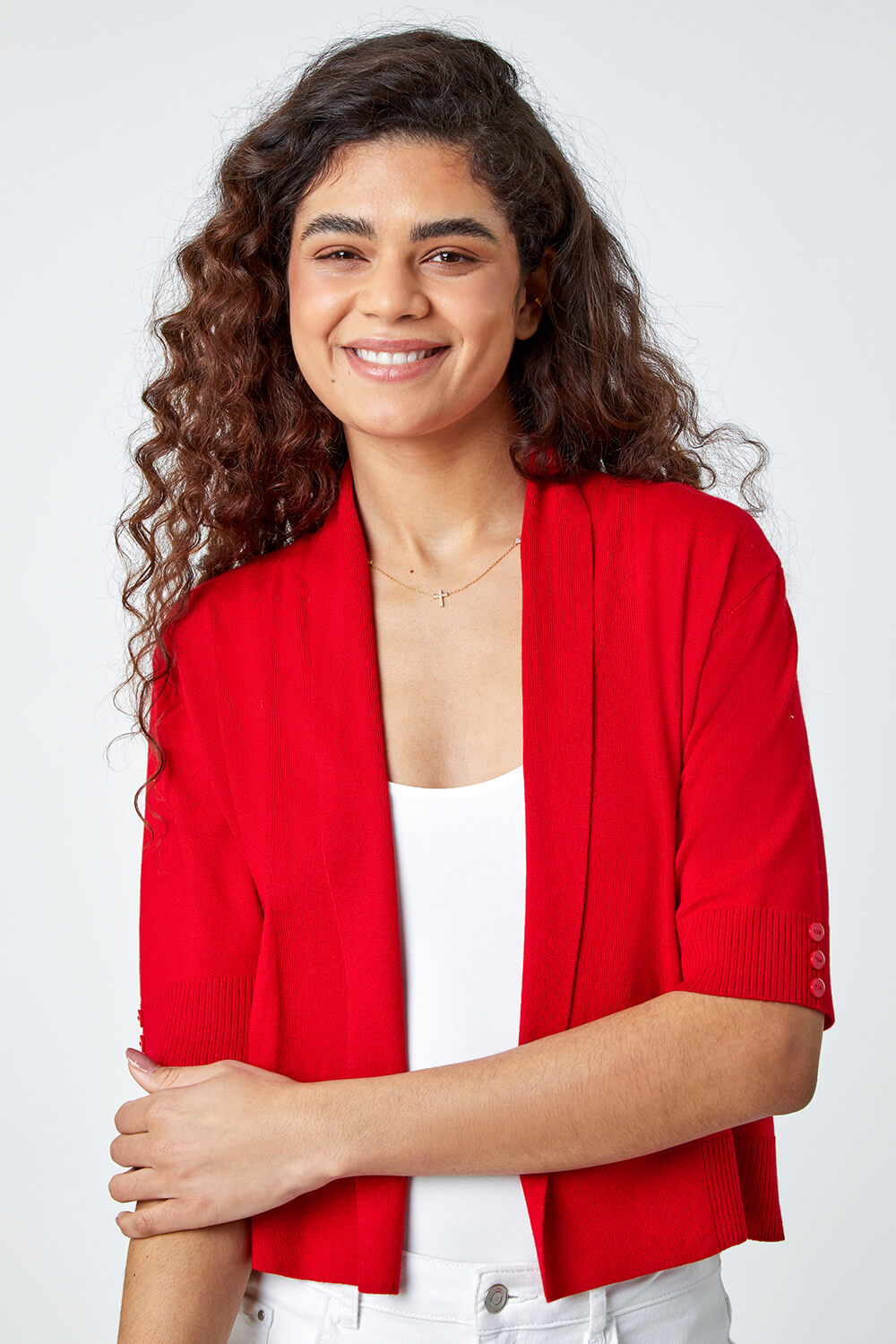 Red Button Cuff Knitted Shrug, Image 1 of 5