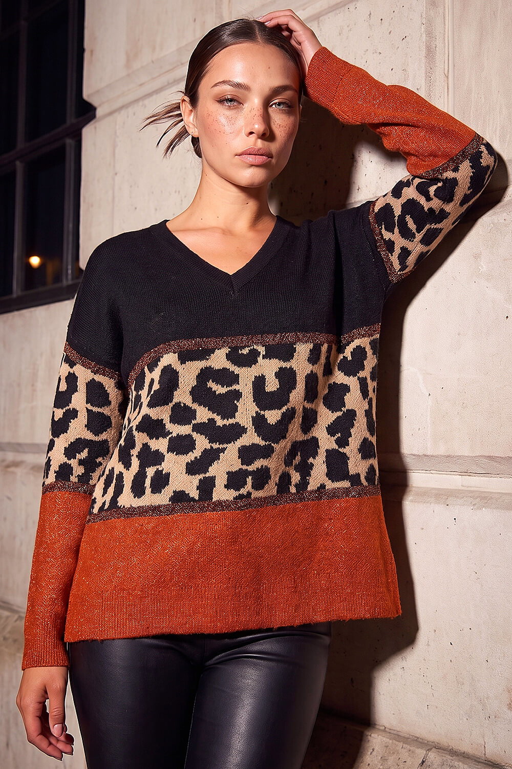 Roman Petite Women's Rust Animal Colourblock Stretch Jumper Size 10