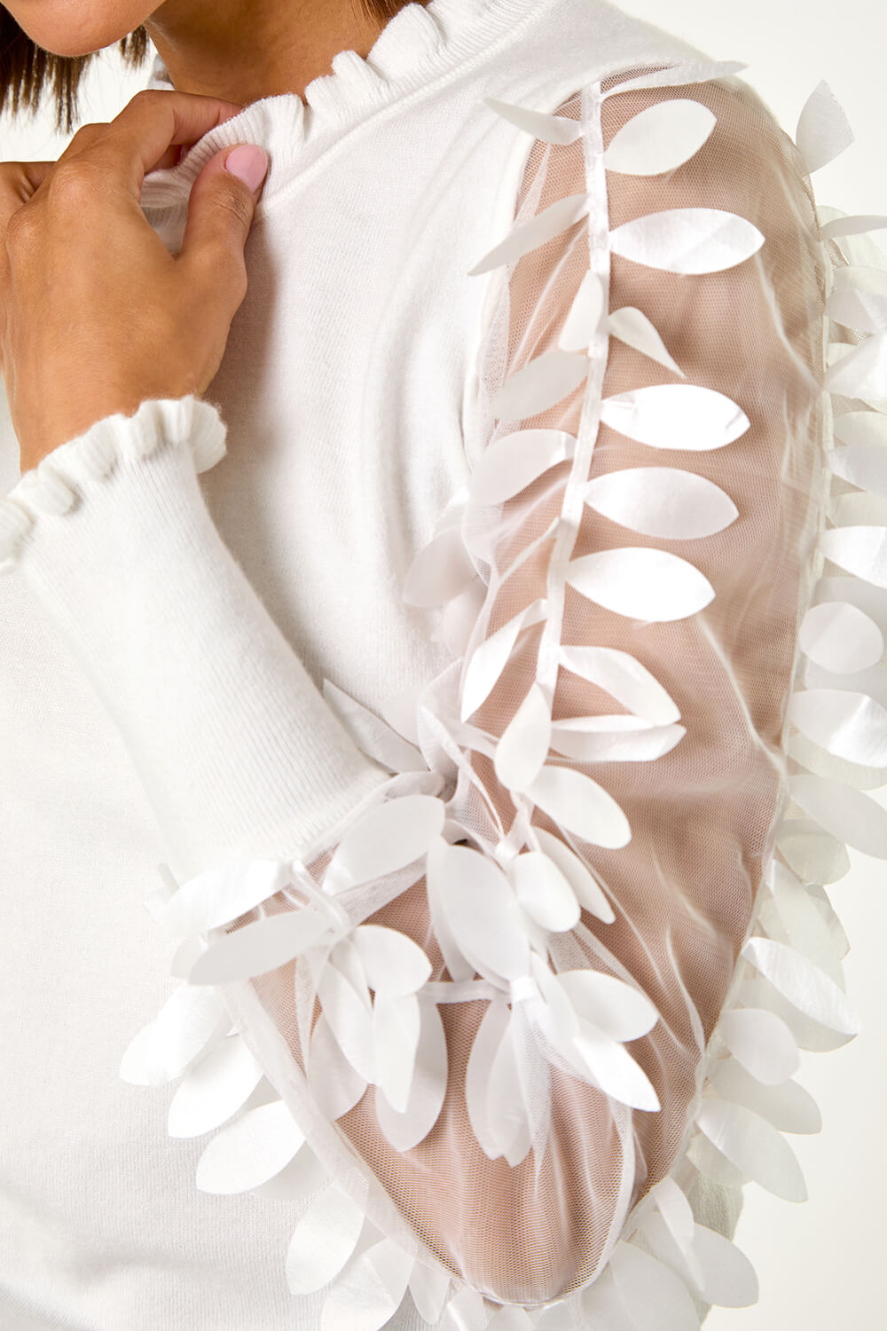 Roman Women's Ivory Sheer Feather Sleeved Jumper Size 10