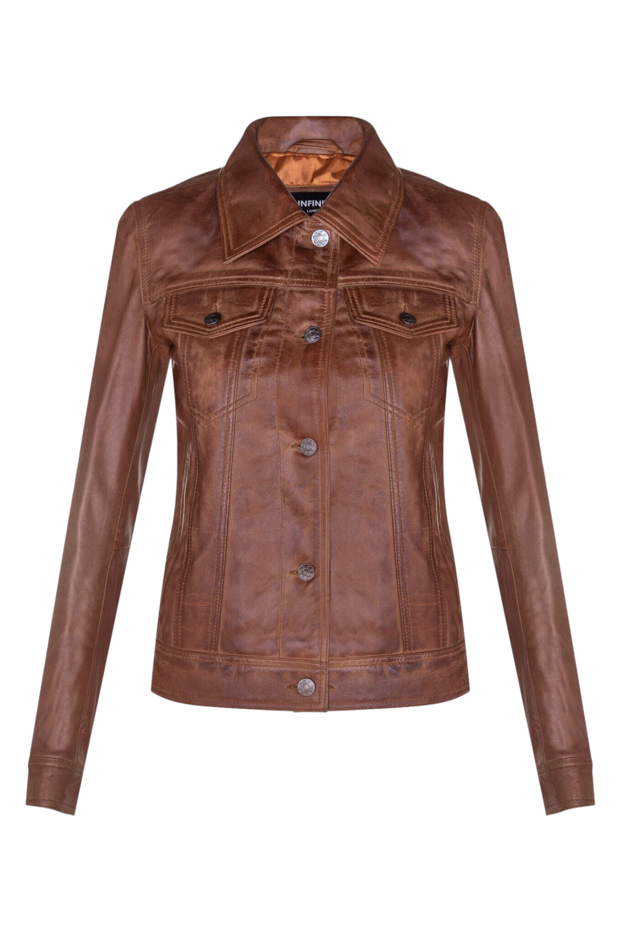 Tan Womens Leather Trucker Jacket-Andery, Image 1 of 4