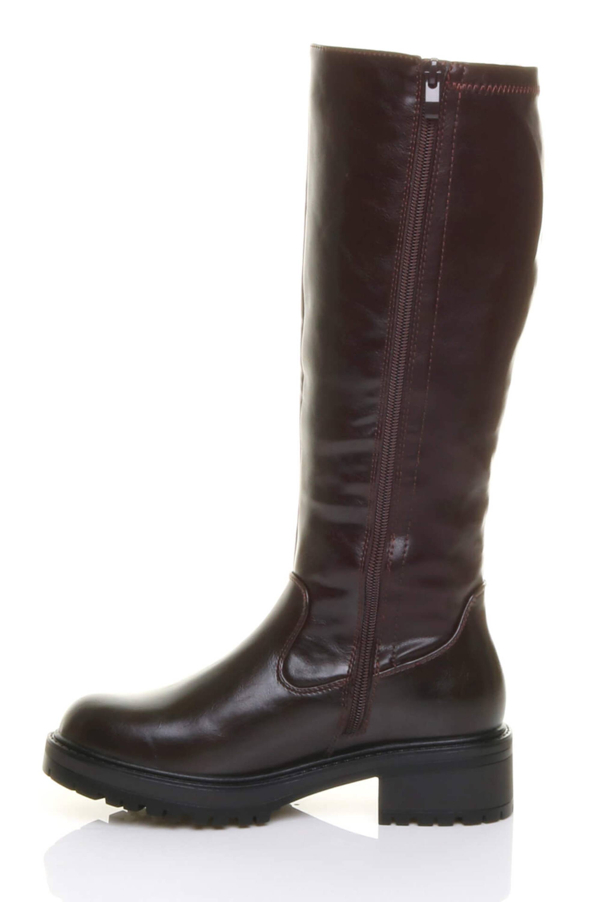 Brown AJVANI Brown Chunky Sole Zip Stretchy Elastic Riding Calf Boots, Image 3 of 4