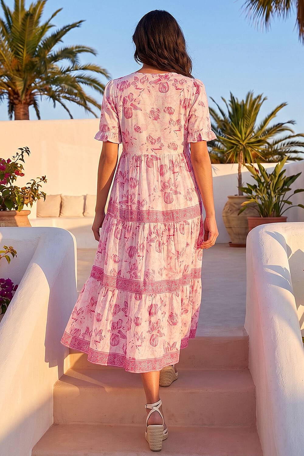 Pink Floral Print Tiered Midi Dress, Image 4 of 4