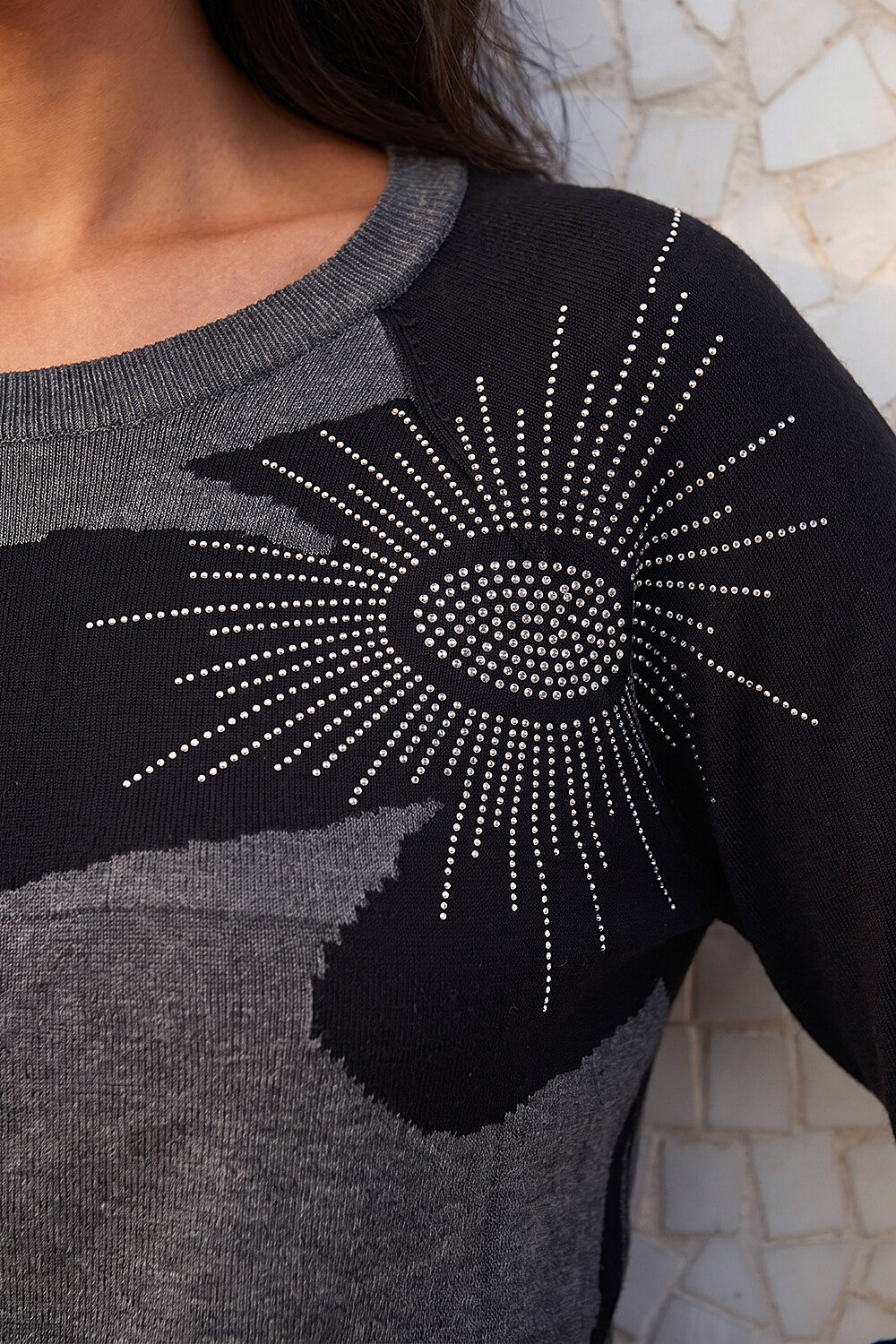 Charcoal Floral Sparkly Hotfix Knit Jumper, Image 5 of 4