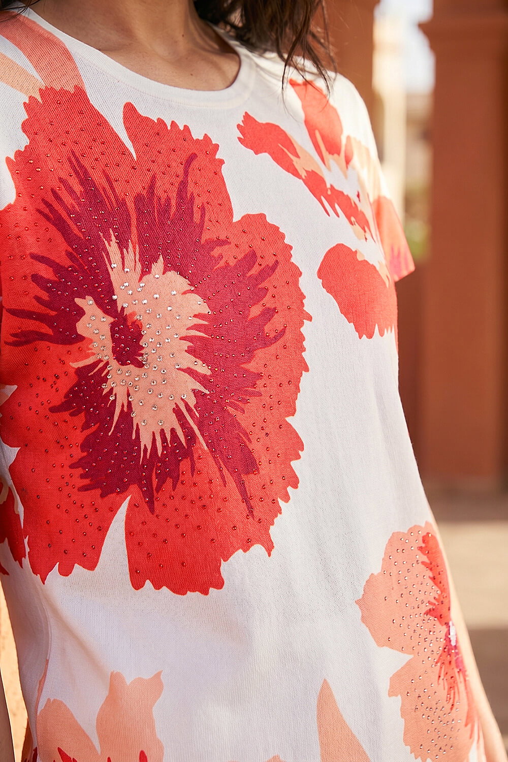Orange Floral Print Embellished Knit Top, Image 5 of 4