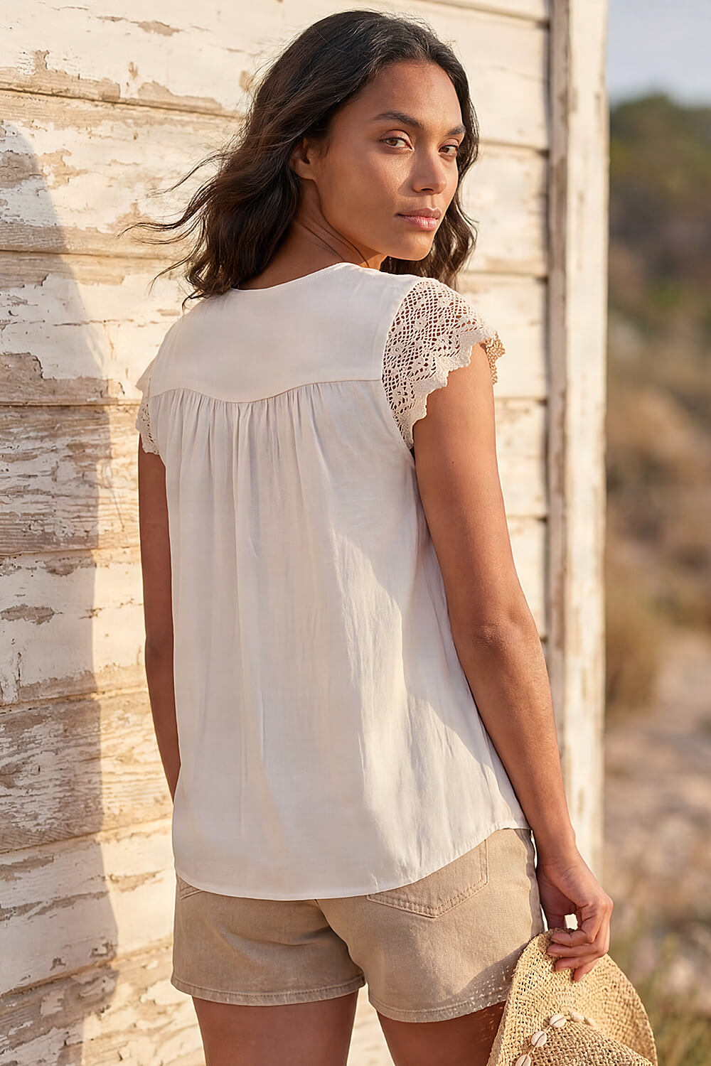 Cream Satin Crochet Tie Front Tunic Top, Image 3 of 4