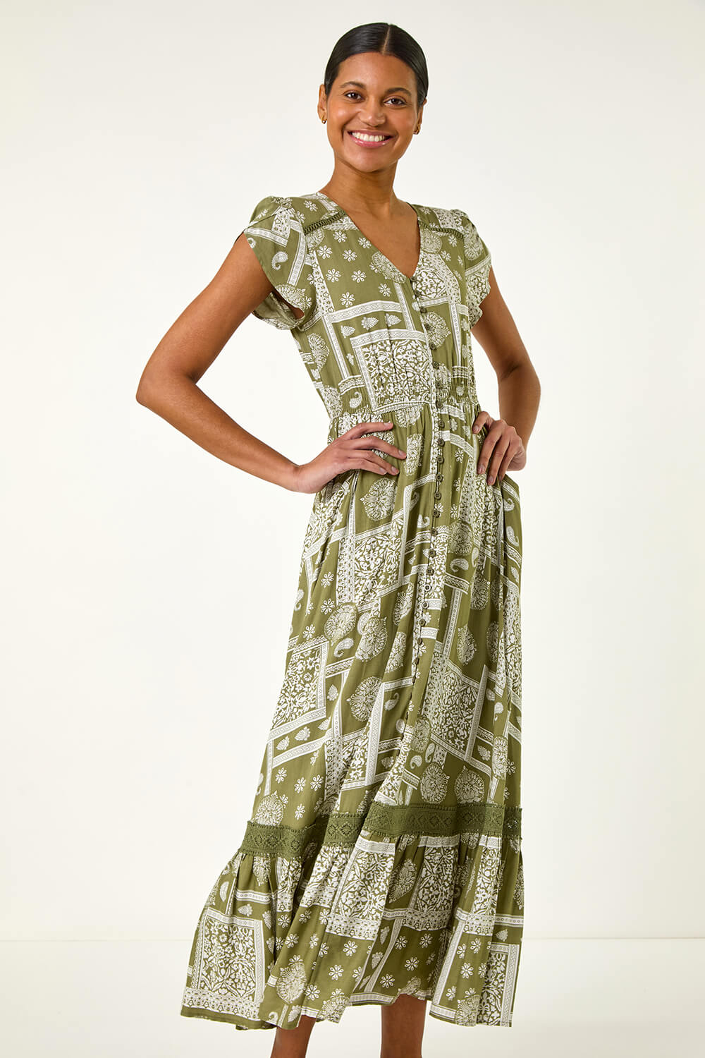 KHAKI Patchwork Lace Trim Maxi Dress, Image 5 of 5