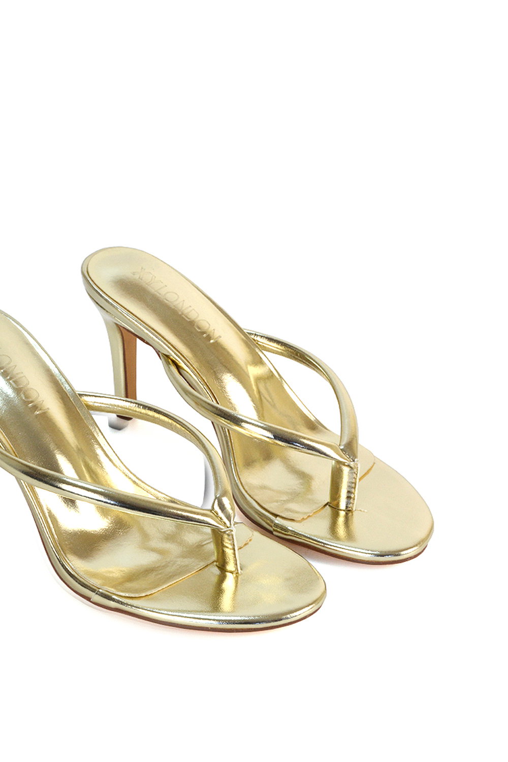 Gold XY LONDON Gold 'Celina' Stiletto High Heel Mules With Thong Strap, Image 4 of 6