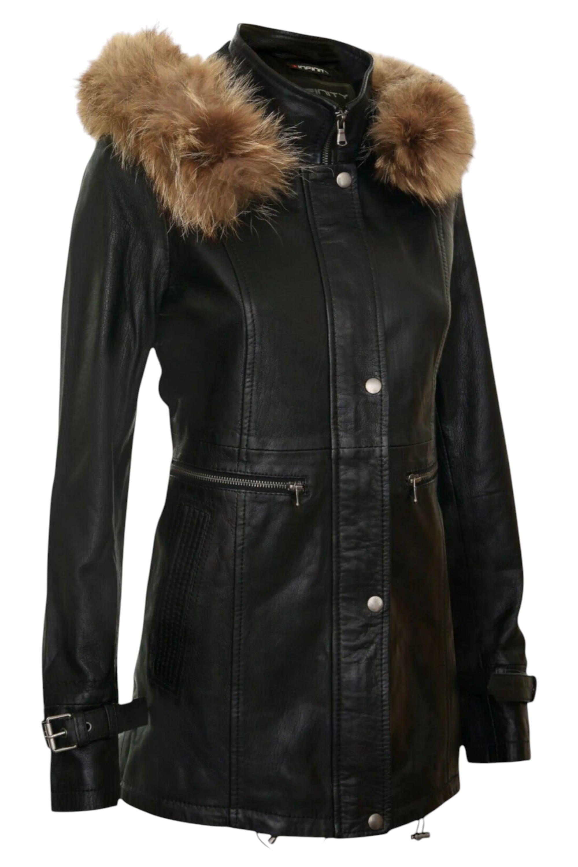 Black Leather Hooded Parka Jacket-Putian, Image 2 of 5