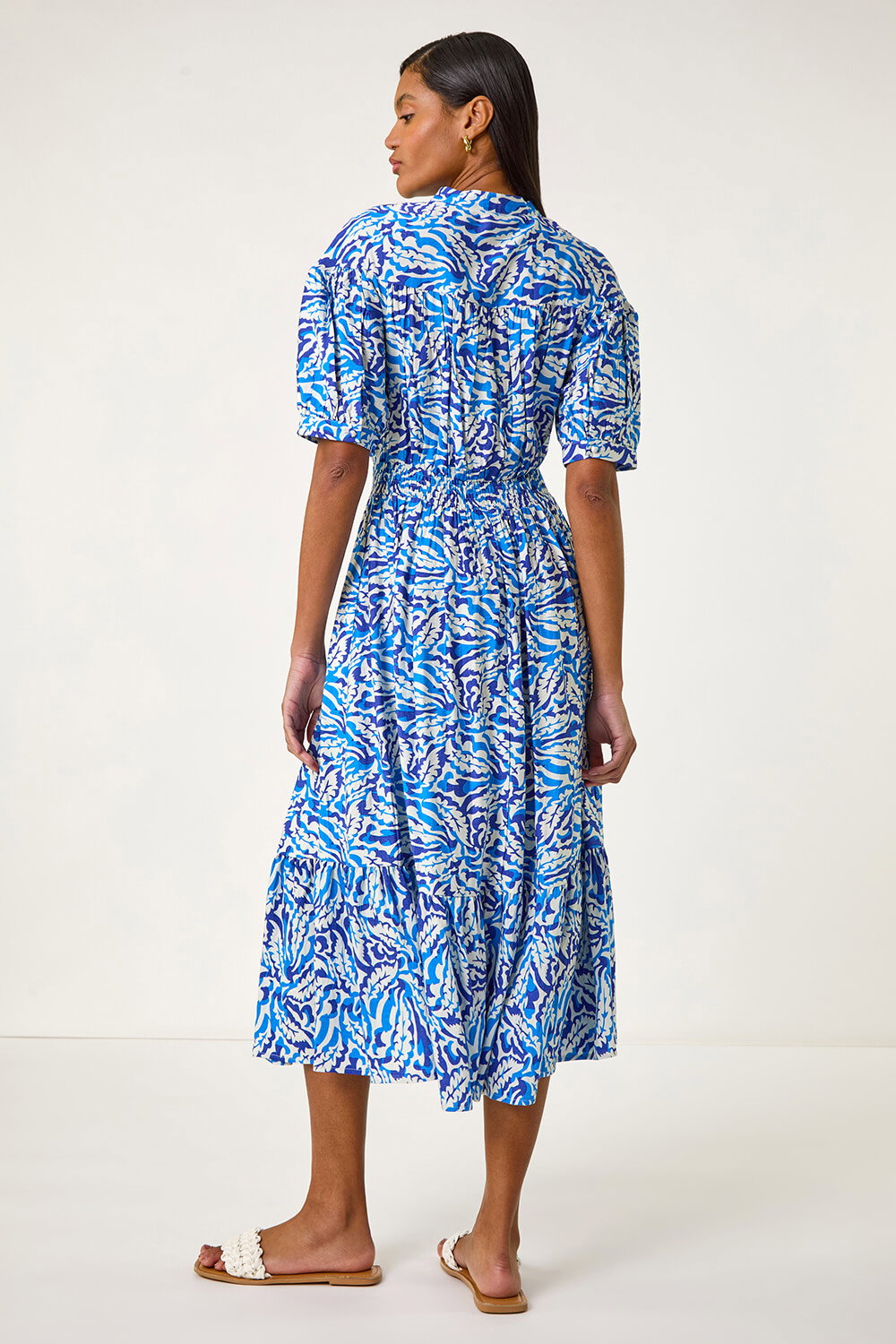 Blue Abstract Print Lace Trim Midi Dress, Image 4 of 5
