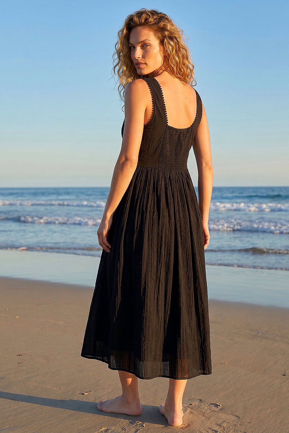 Black Seersucker V-Neck Midi Dress, Image 4 of 4