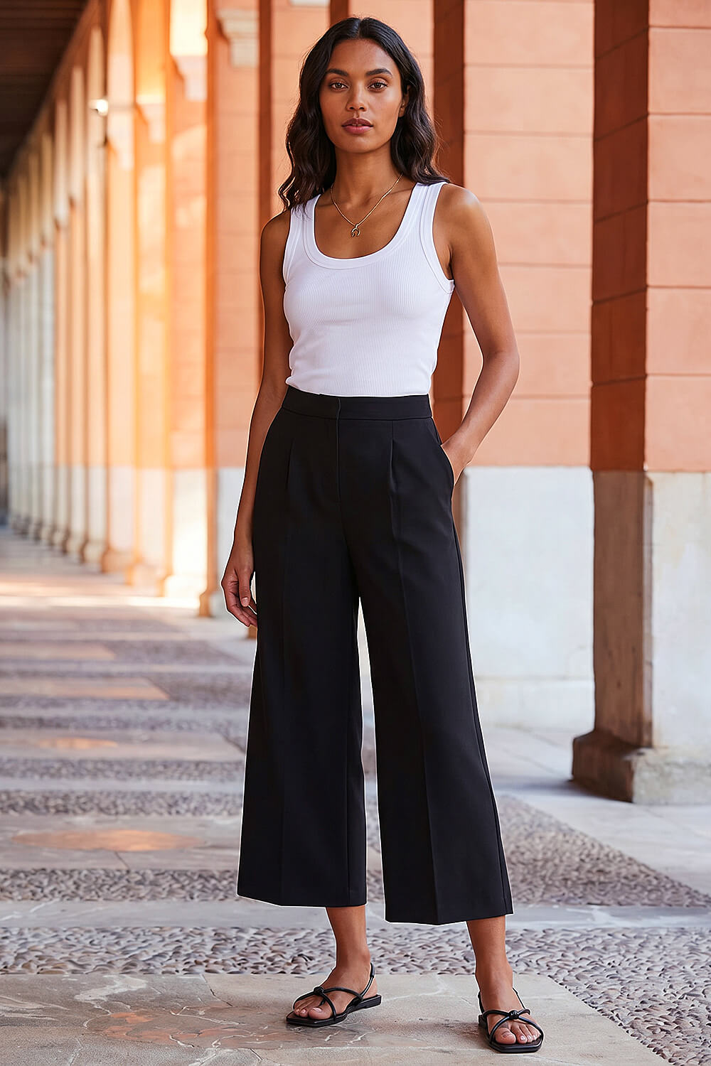 Roman Women's Black Elastic Waist Wide Leg Cropped Culottes Size 18