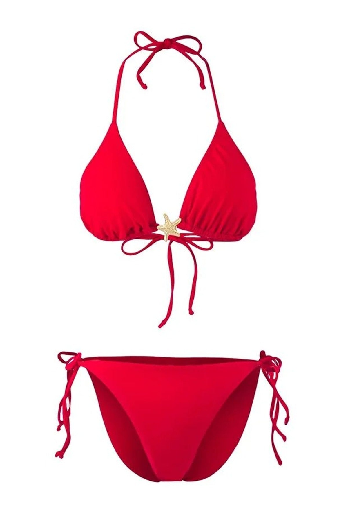 Red WOVCOR Red Triangle Bikini Set with Star Detail and Tie Side Bottom, Image 3 of 4