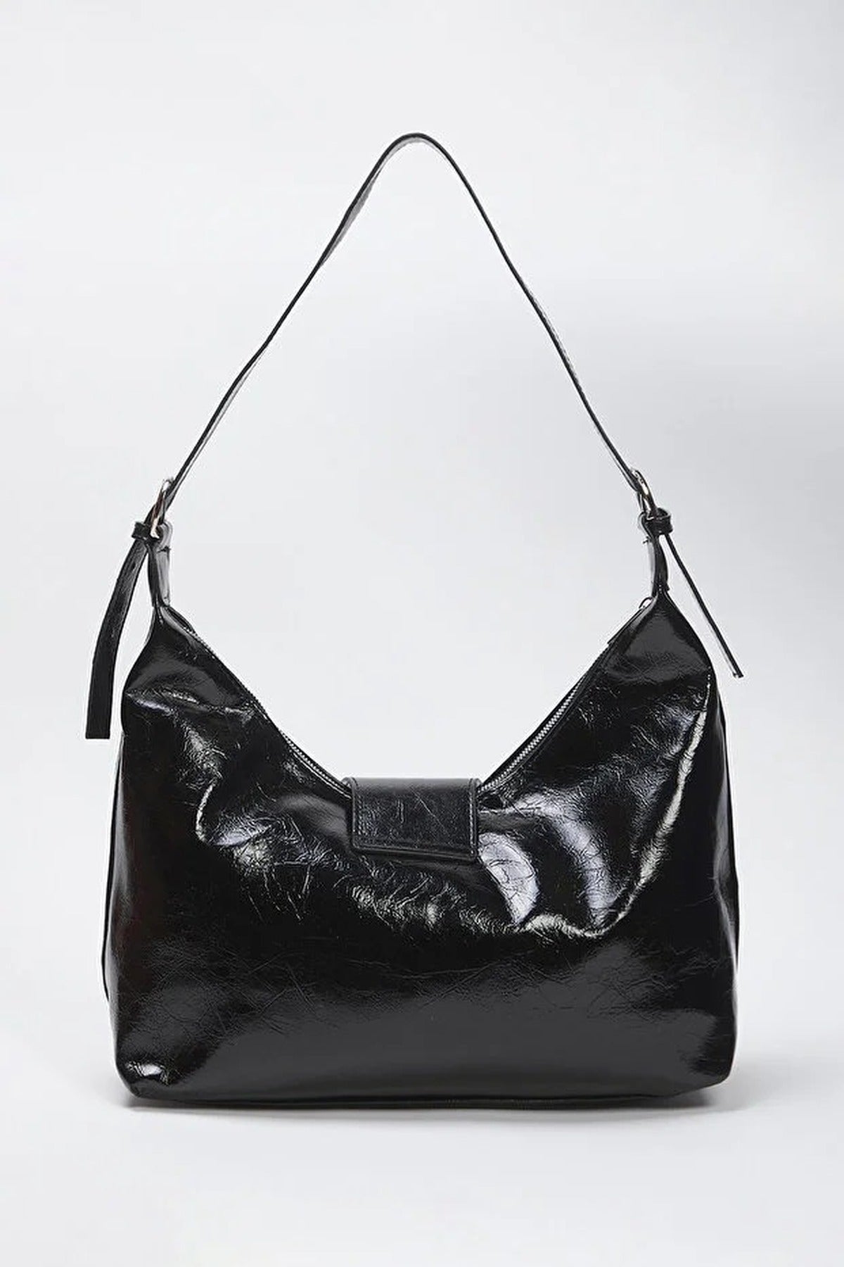 Black Studded Patent Buckle Hobo Shoulder Bag, Image 5 of 5