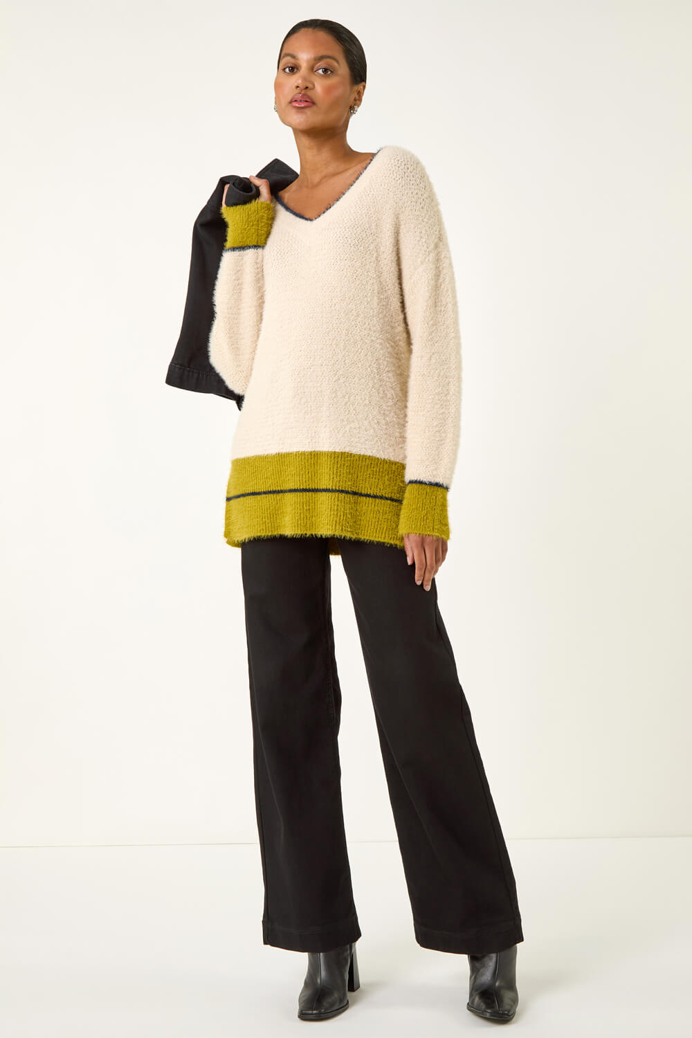 Ivory  Stripe Trim V-Neck Knit Jumper, Image 4 of 5