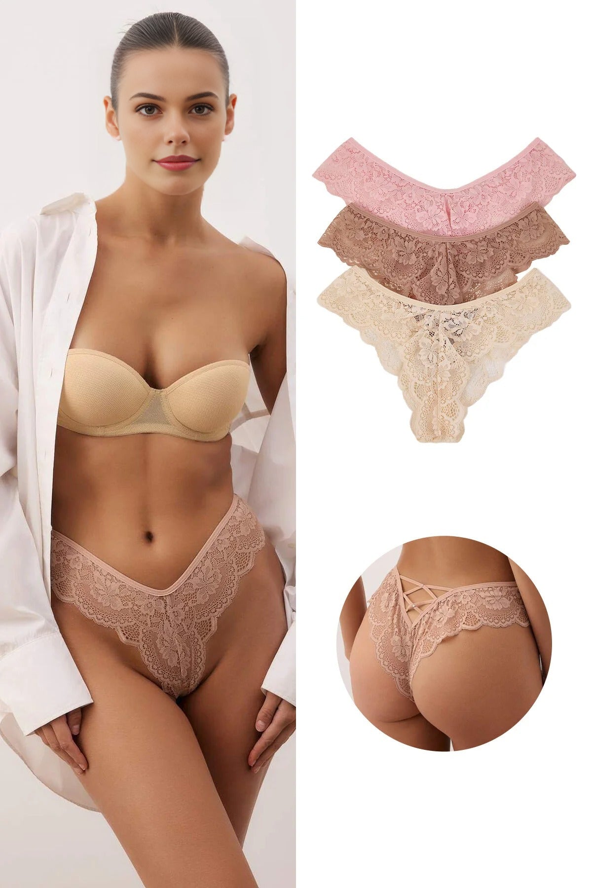 Multi 3 Pack Floral Lace Brazilian Briefs Set, Image 1 of 3