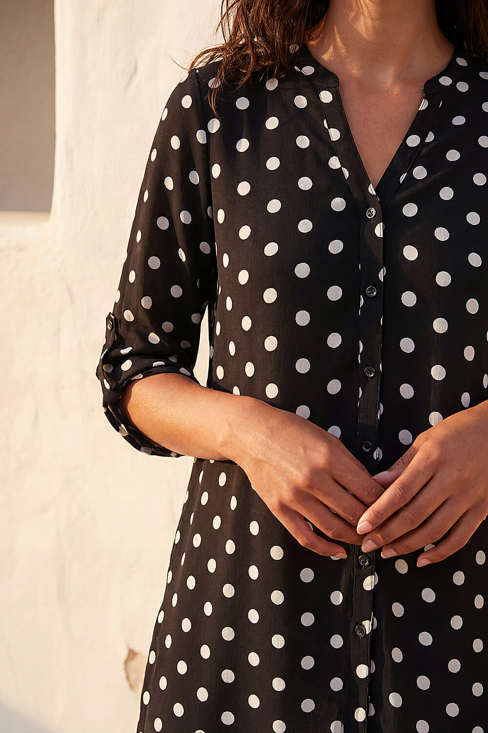 Black Spot Print Longline Buttoned Blouse, Image 5 of 4