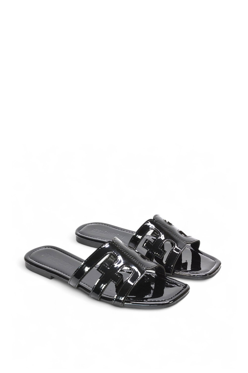 Black XY LONDON Black 'Ellie' Square Toe Cut Out Strap Flat Sandal Slides, Image 4 of 5