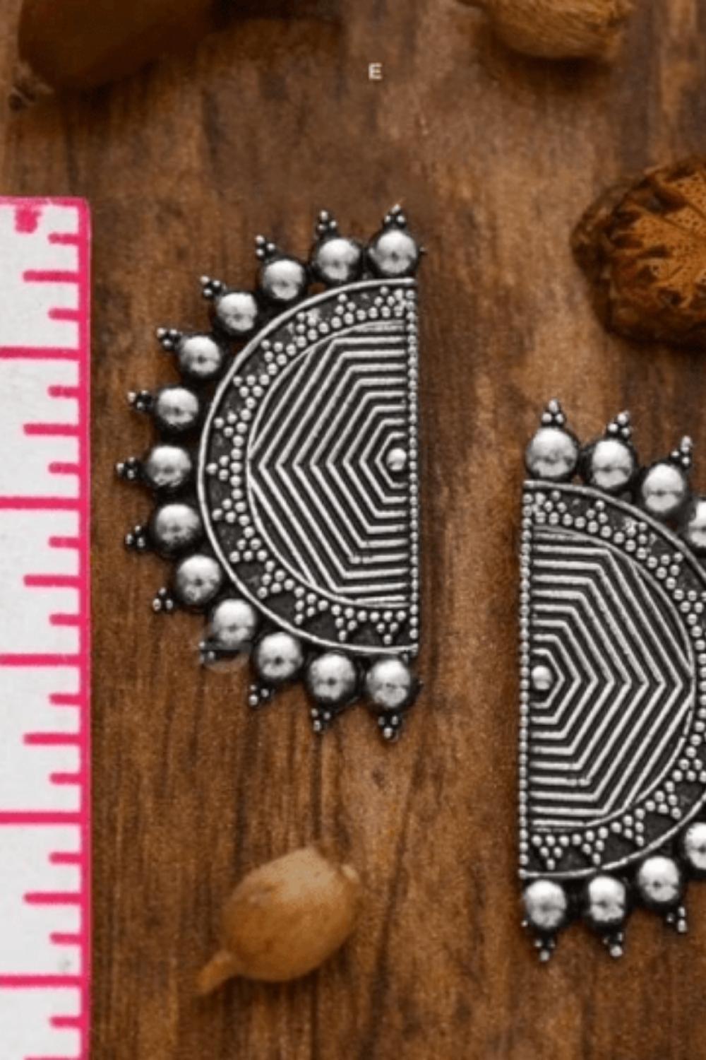 Silver Eclipsed Semicircular Oxidised Boho Jhumkis, Image 3 of 3