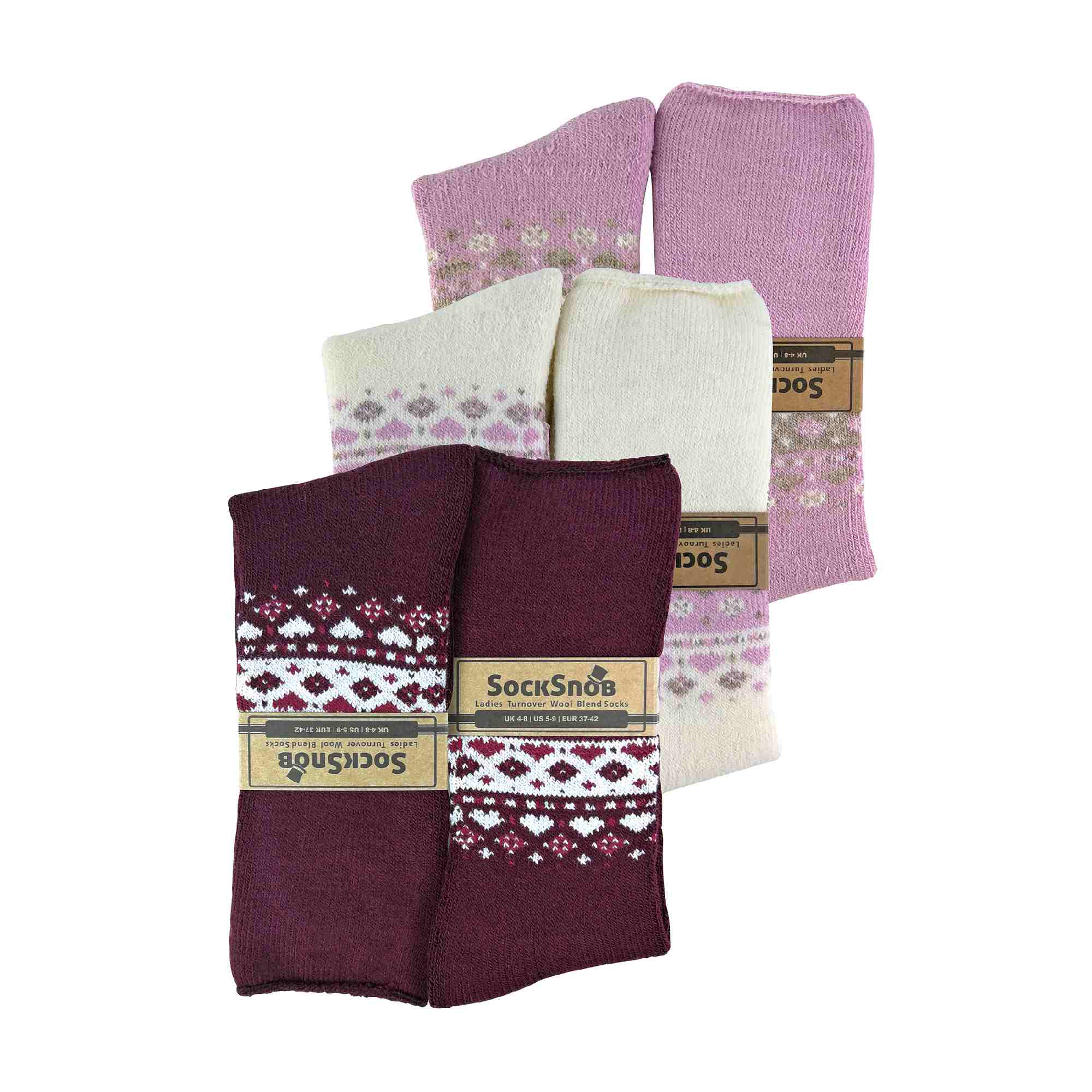 Pink Ladies 3 Pack Turnover Top Wool Bed Socks for Winter - Fluffy Nordic Design, Image 4 of 4