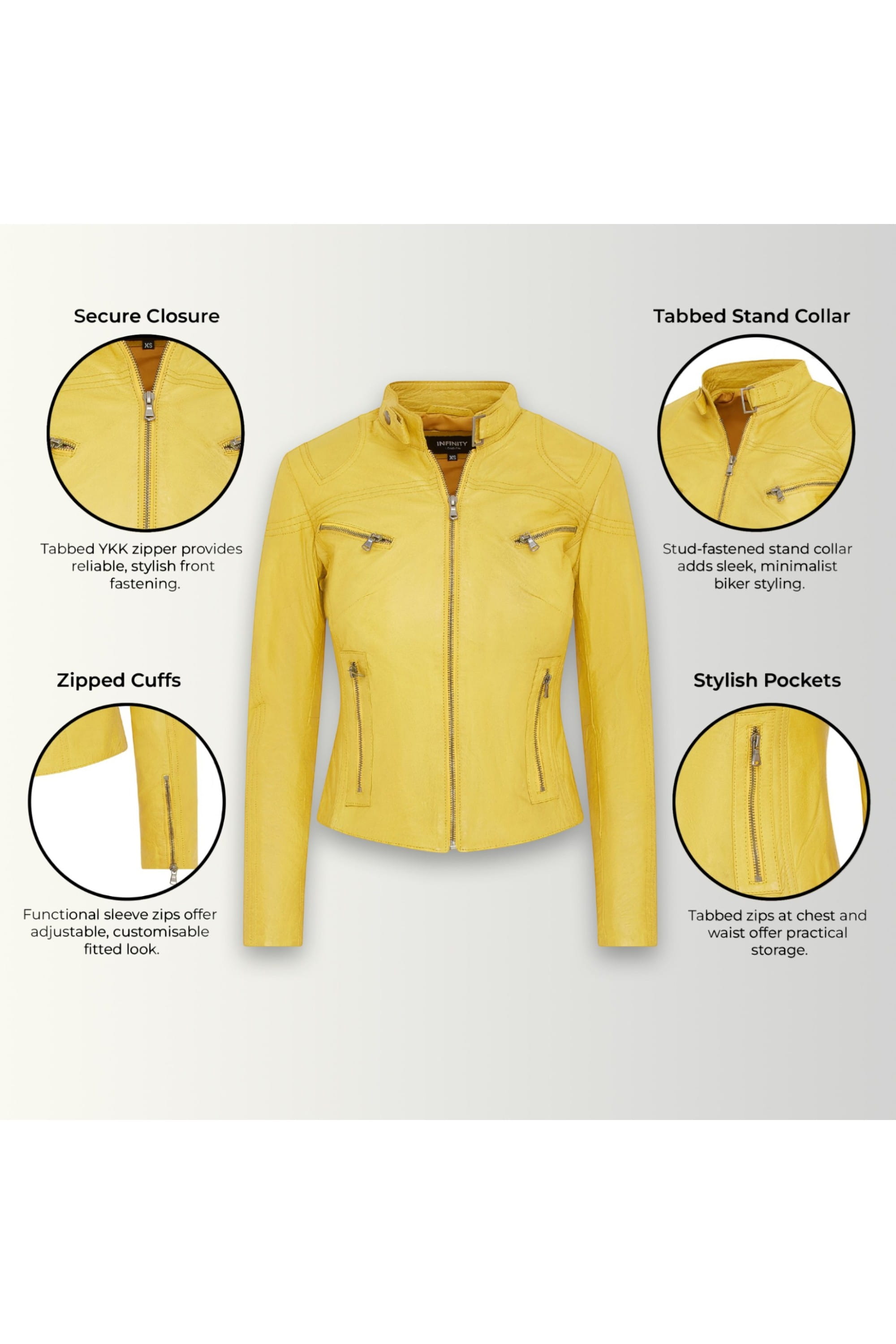 Yellow Slim-Fit Leather Biker Jacket-Tulsa, Image 3 of 7