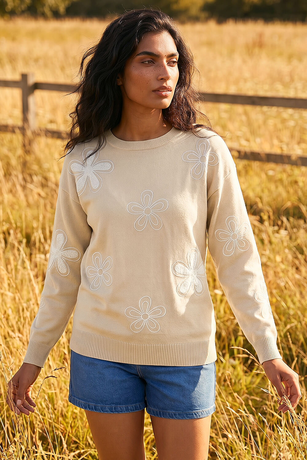 Cream Soft Floral Embroidered Jumper, Image 1 of 4