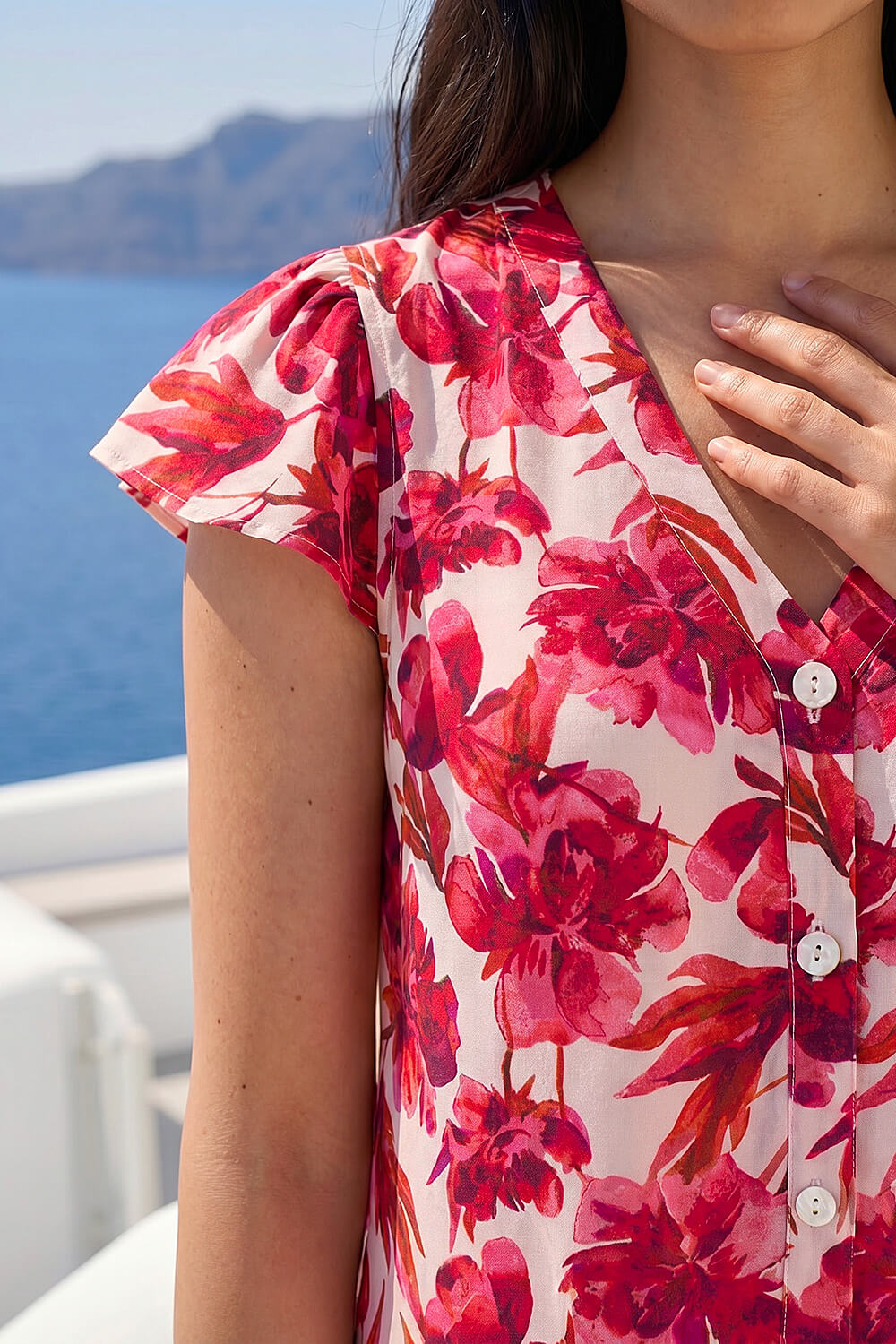 Red Petite Floral Frill Sleeve Blouse, Image 5 of 4