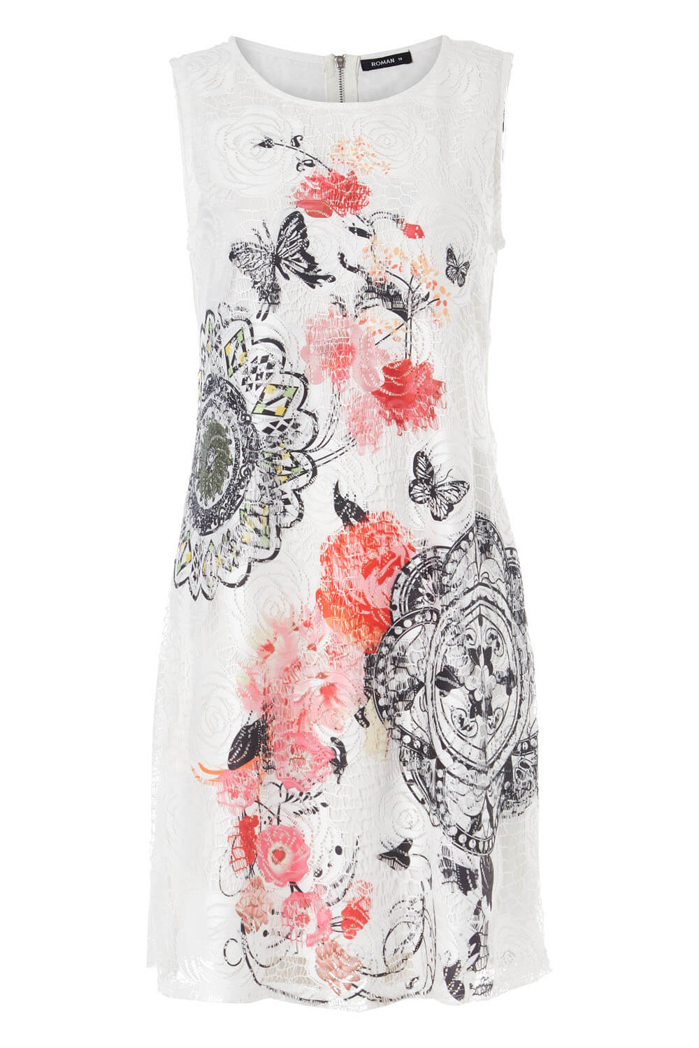 Ivory Mixed Floral Butterfly Print Lace Shift Dress, Image 6 of 5
