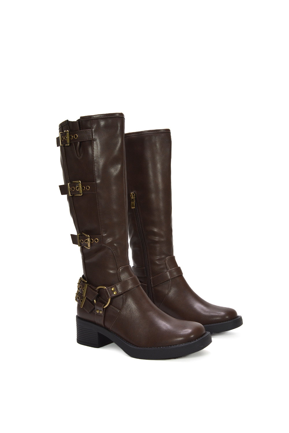 Brown XY LONDON Brown 'Cobra' Harness Square toe Knee High Biker Boots, Image 5 of 7