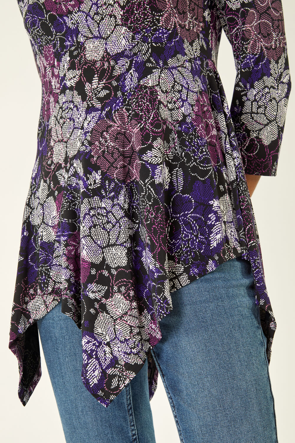 Purple Floral Puff Print Hanky Hem Top, Image 6 of 5