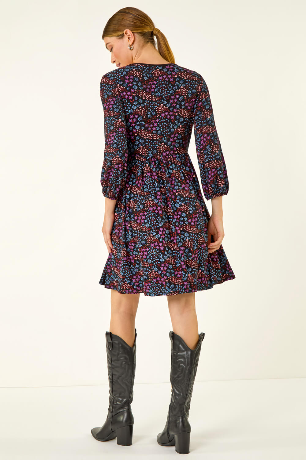 Purple Print Trim Detail Stretch Dress, Image 4 of 5