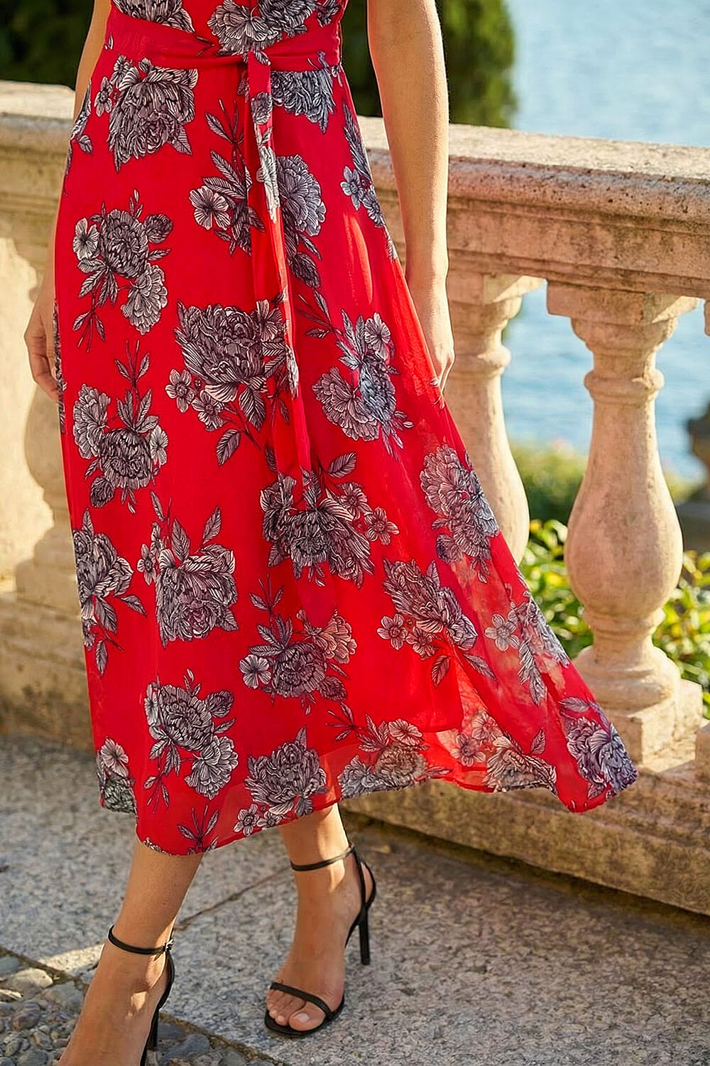Red Floral Print Pleat Neck Midi Dress, Image 5 of 4
