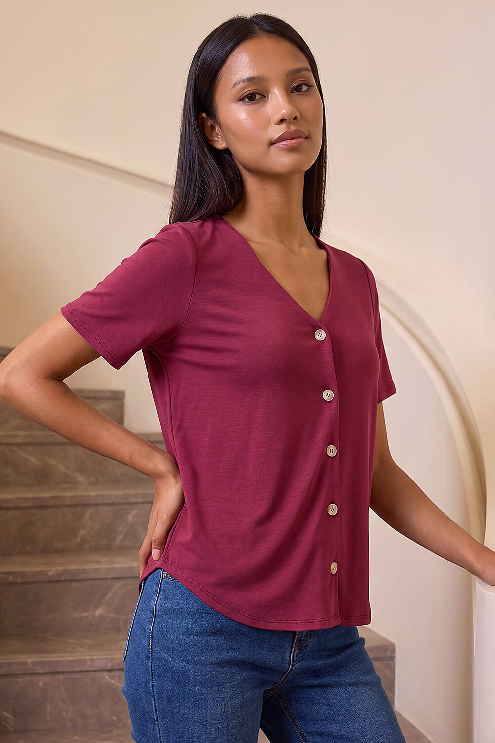 Roman Petite Women's Wine V-Neck Buttoned Blouse Size 18