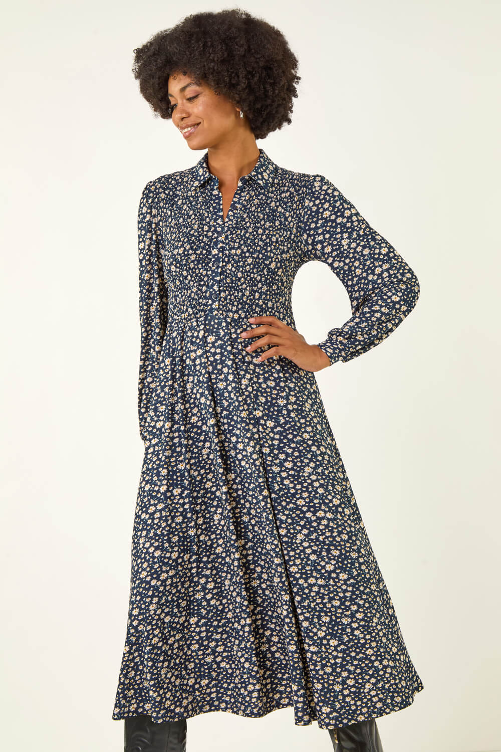 Navy  Ditsy Floral Print Shirred Midi Dress, Image 3 of 5