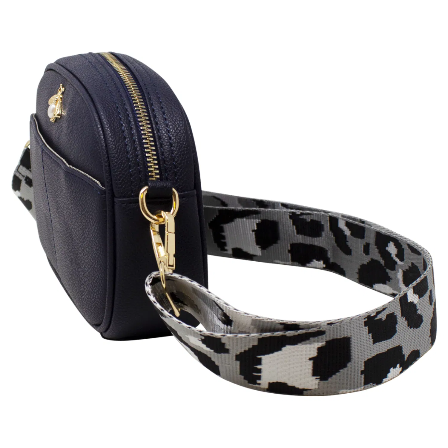 Black Bee Embellished Rounded Crossbody Bag in Black, Image 4 of 5