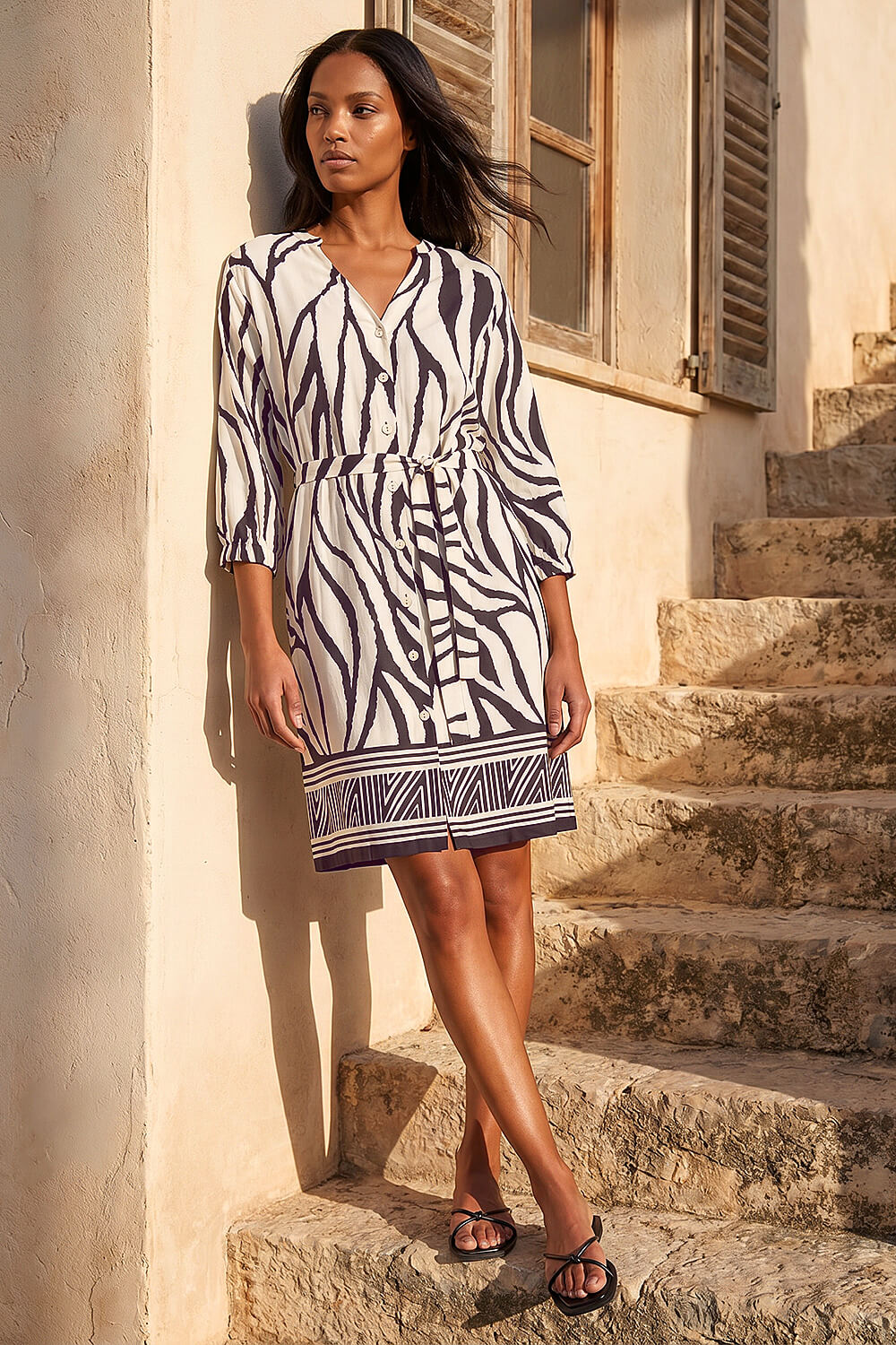 Roman Women's Ivory Abstract Border Tie Shirt Dress Size 18