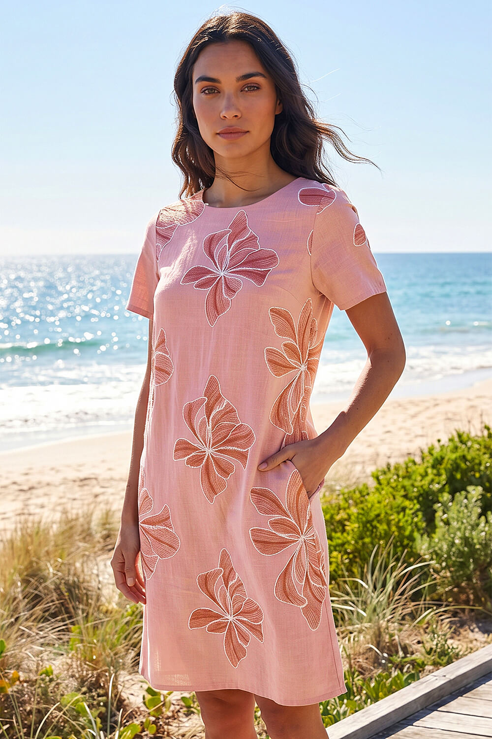 PINK Embroidered Floral Shift Dress, Image 3 of 4