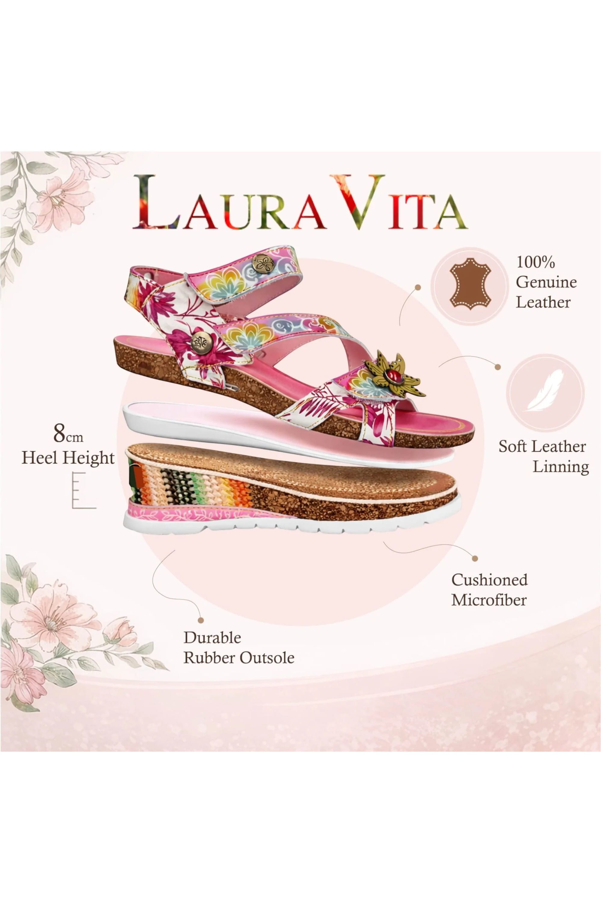 Pink Womens Leather Wedge Sandals - Balade 32, Image 3 of 7