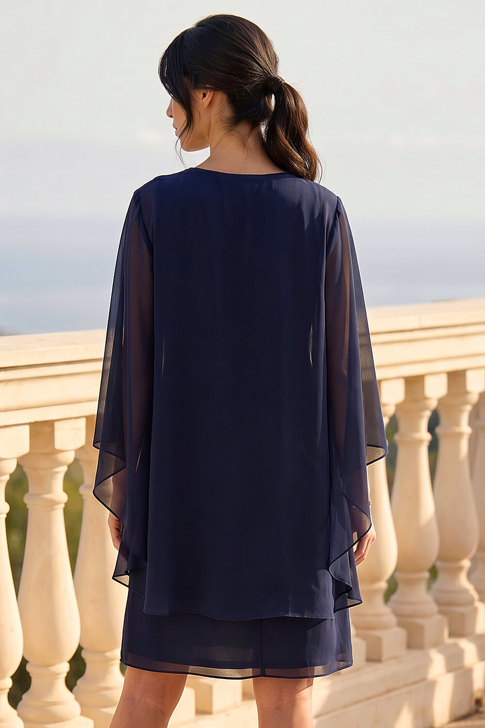 Navy Petite 2 in 1 Neck Trim Shift Dress, Image 3 of 4